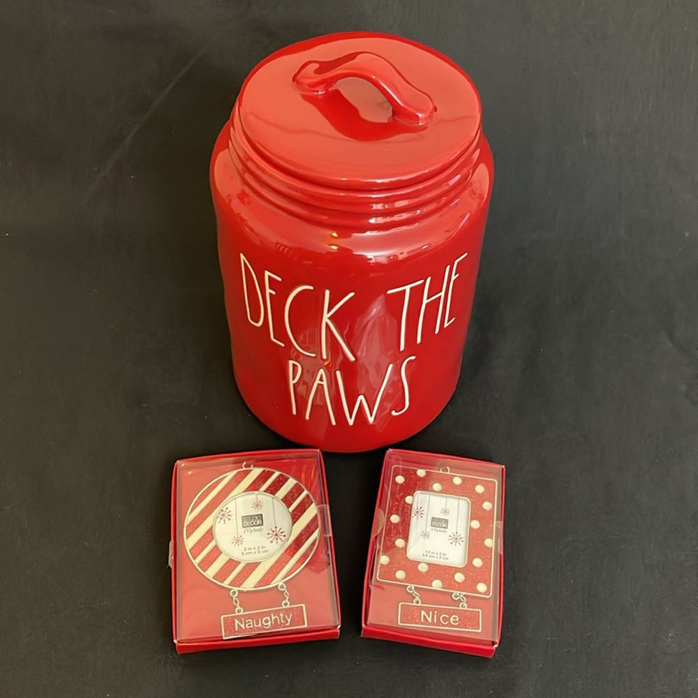 Deck the Paws Ceramic Treat Container & Naughty/Nice Picture Frame Ornamental